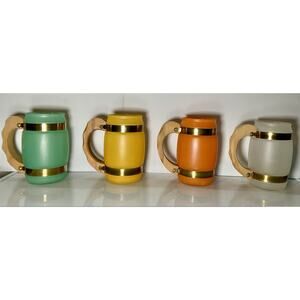 Set of 4 Vtg/MCM Colored Siesta Ware Frosted Barrel Bar Mugs w/ Wood Handles